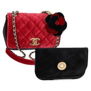 CHANEL Matelasse Camellia Chain Shoulder Bag Velor Red CC Auth KD378SM